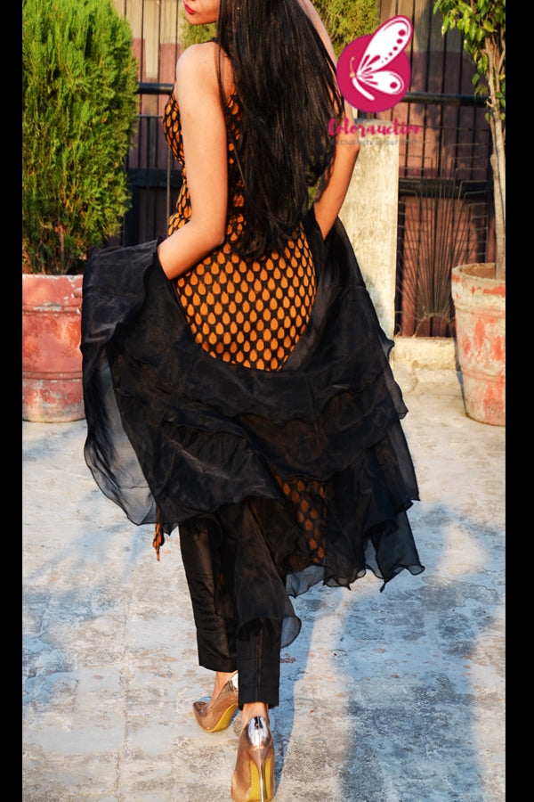 Black &amp; Mustard Chanderi Cotton Padded One Shoulder Kurti with Black Shantoon Pintucks Pants and Black Organza Three-Tier Ruffle Stole