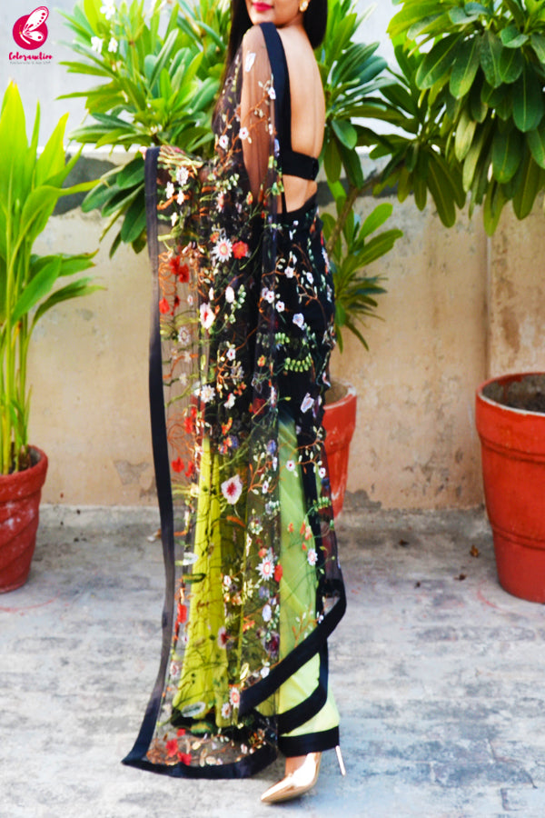 Lime Green & Black Double Shaded Georgette Net  Black Satin Taping Saree