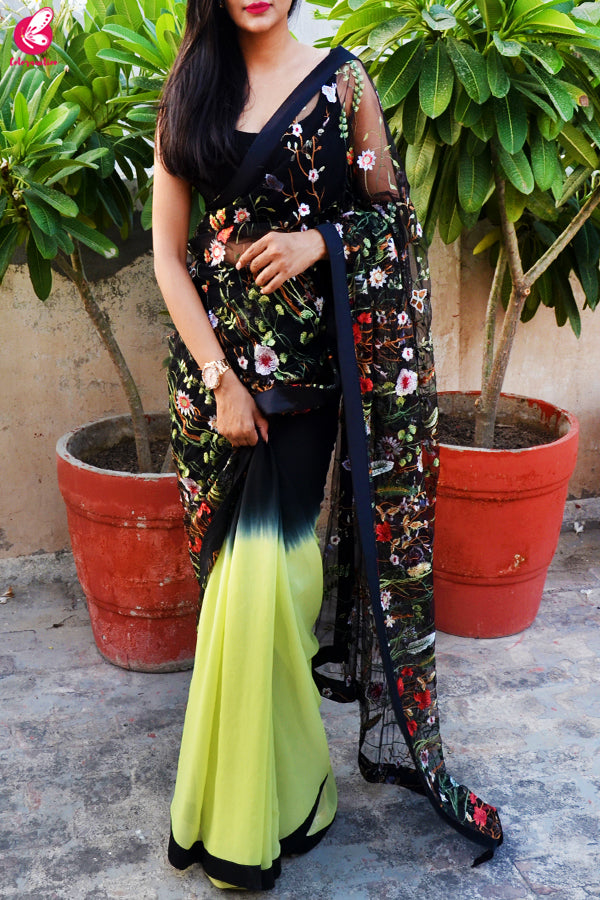Lime Green & Black Double Shaded Georgette Net  Black Satin Taping Saree