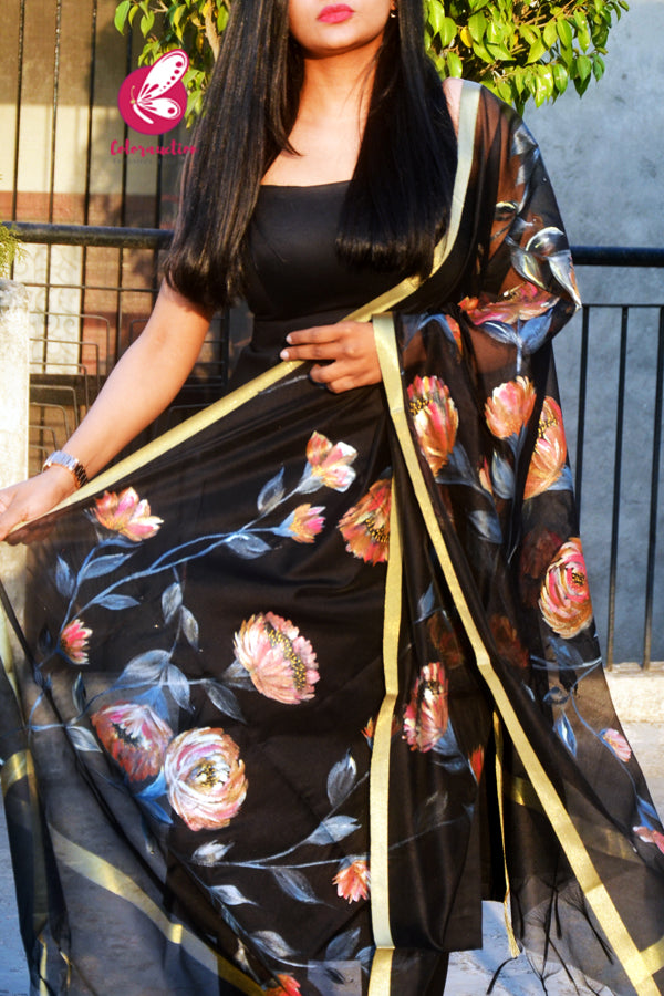Black Pure Organza Floral Multicoloured Hand painted Stole