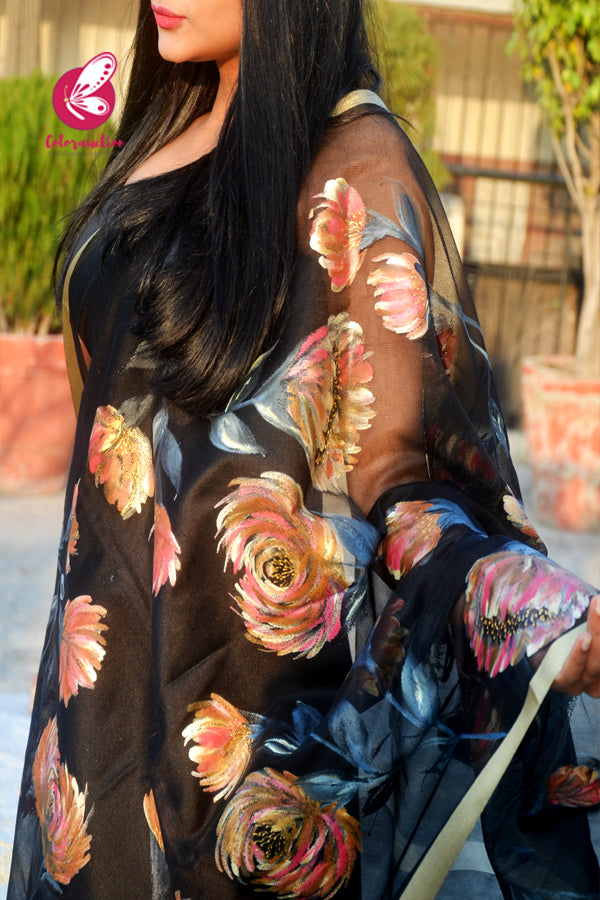 Black Pure Organza Floral Multicoloured Hand painted Stole
