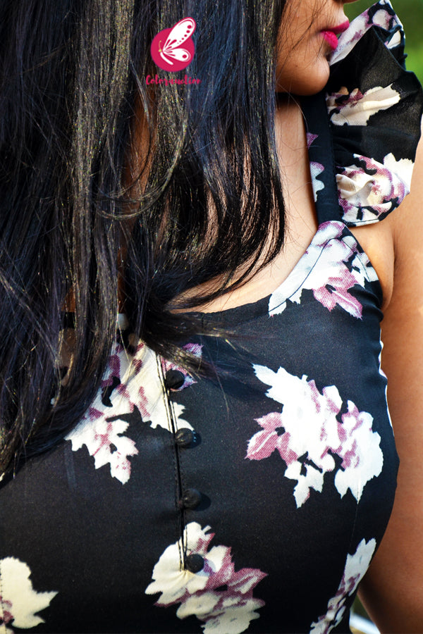 Black &amp; Mauve Printed Floral Crepe Side Tassels Straight Fit Kurti