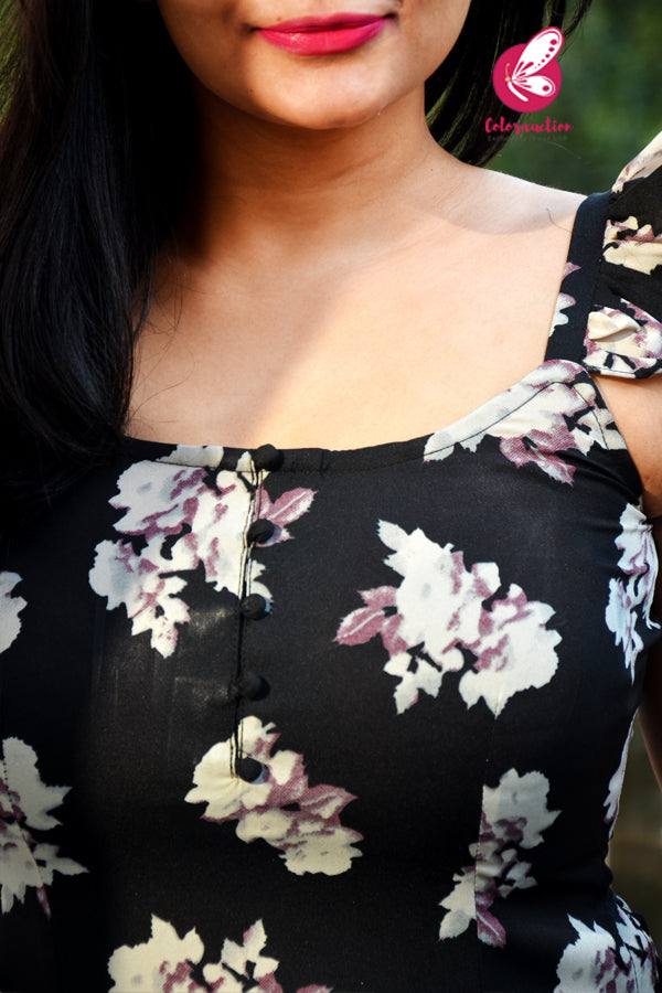 Black &amp; Mauve Printed Floral Crepe Side Tassels Straight Fit Kurti