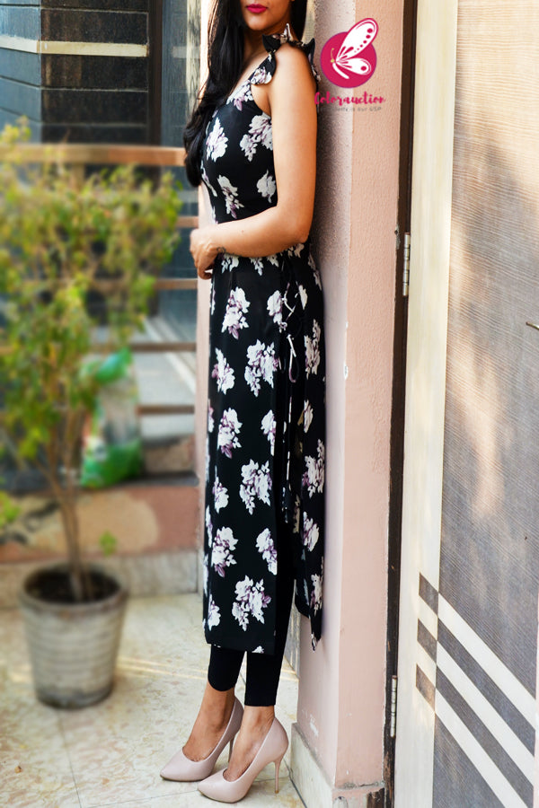 Black &amp; Mauve Printed Floral Crepe Side Tassels Straight Fit Kurti