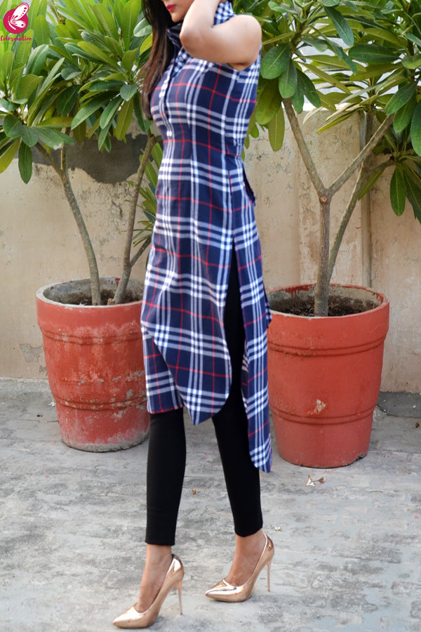 Blue Printed Cotton Sleeveless Asymmetric Kurti