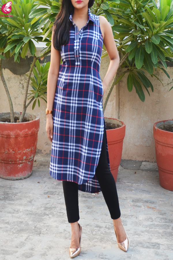 Blue Printed Cotton Sleeveless Asymmetric Kurti