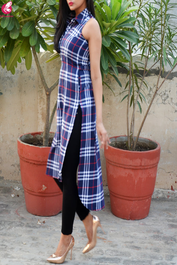 Blue Printed Cotton Sleeveless Asymmetric Kurti
