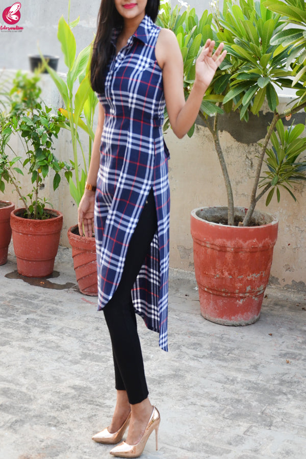 Blue Printed Cotton Sleeveless Asymmetric Kurti