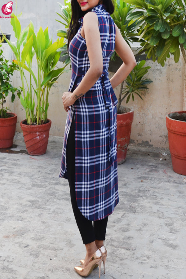 Blue Printed Cotton Sleeveless Asymmetric Kurti