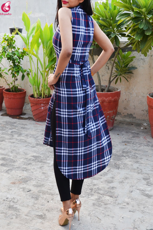 Blue Printed Cotton Sleeveless Asymmetric Kurti