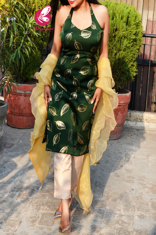 Green Satin Leaf Print Halter Neck Kurti with Shantoon Pants &amp; Golden Three-Tier Organza Stole