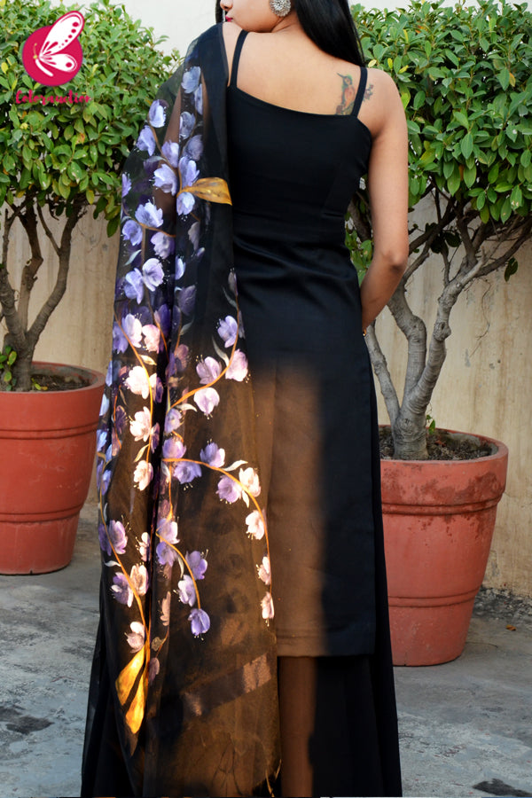 Black Organza Hand-painted Violet Stole