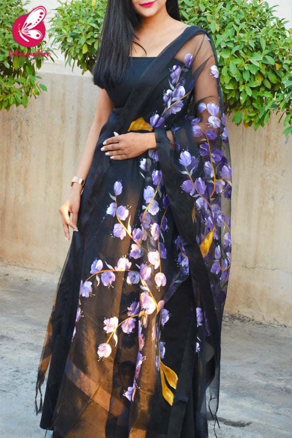 Black Organza Hand-painted Violet Stole