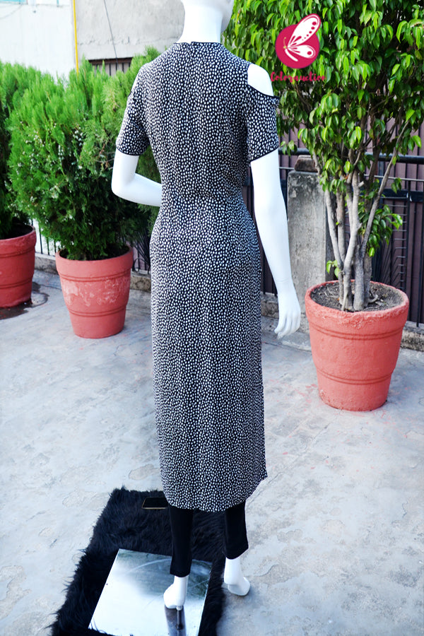 Black &amp; White Rayon Cold Shoulder Half Sleeves Front Keyhole Kurti