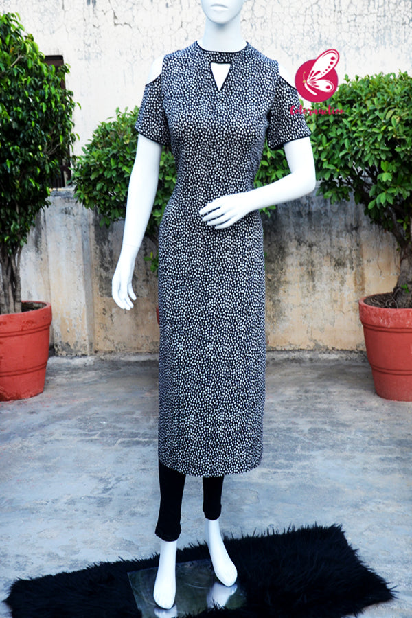 Black &amp; White Rayon Cold Shoulder Half Sleeves Front Keyhole Kurti