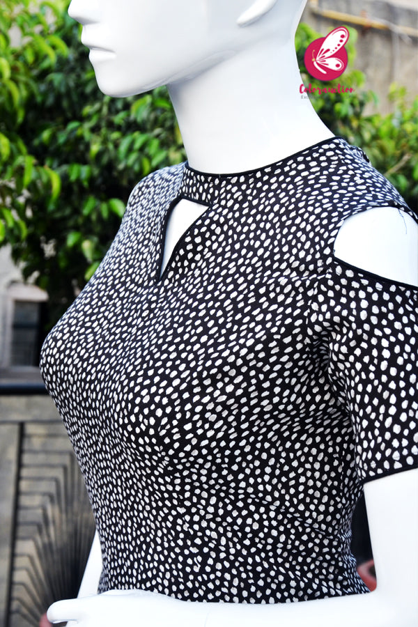 Black & White Rayon Cold Shoulder Half Sleeves Front Keyhole Kurti