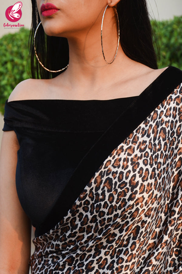 White Leopard Print Satin Velvet Taping Saree