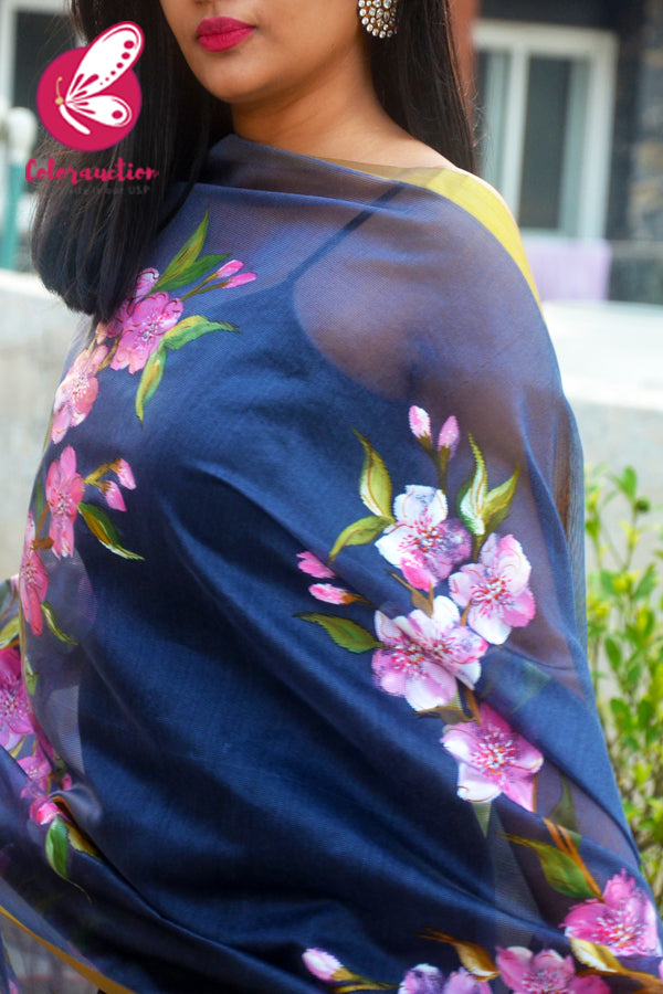 Bluish Grey Organza Hand-painted Pink Floral Stole