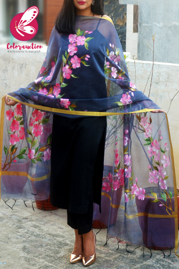 Bluish Grey Organza Hand-painted Pink Floral Stole