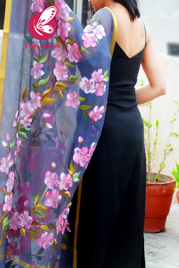 Bluish Grey Organza Hand-painted Pink Floral Stole