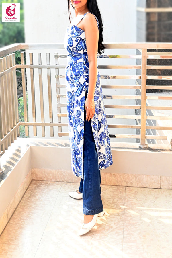 White &amp; Blue Printed Paisley Strappy Straight fit Kurti