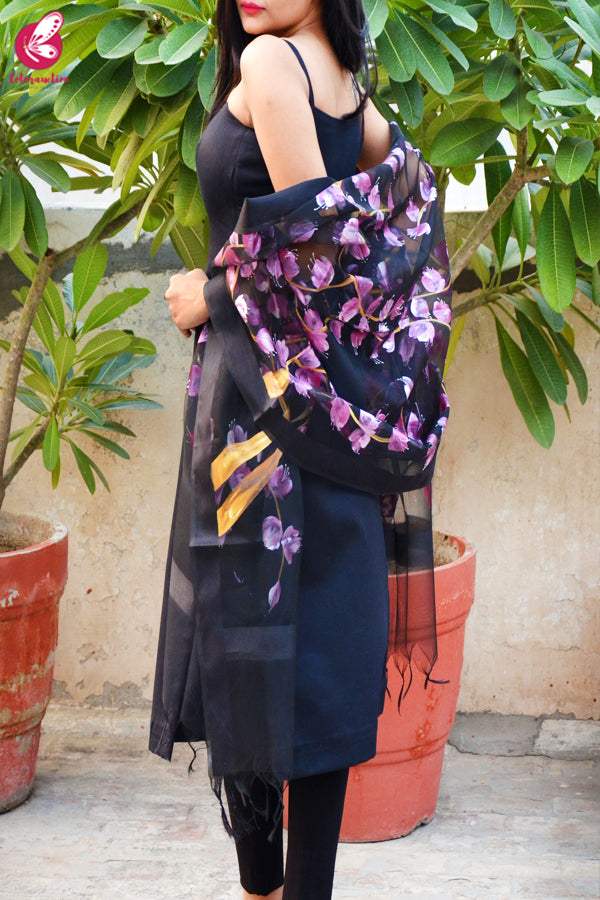 Black Organza Handpainted Floral Pink Stole