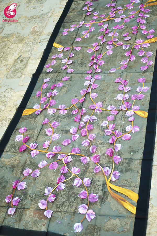Black Organza Handpainted Floral Pink Stole