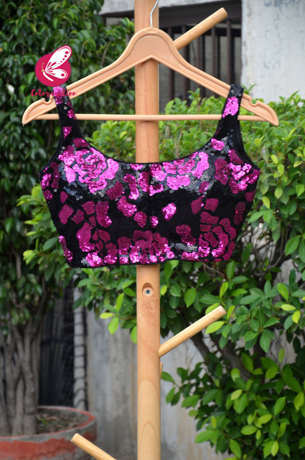 Black & Pink Sequins Padded Backless Blouse