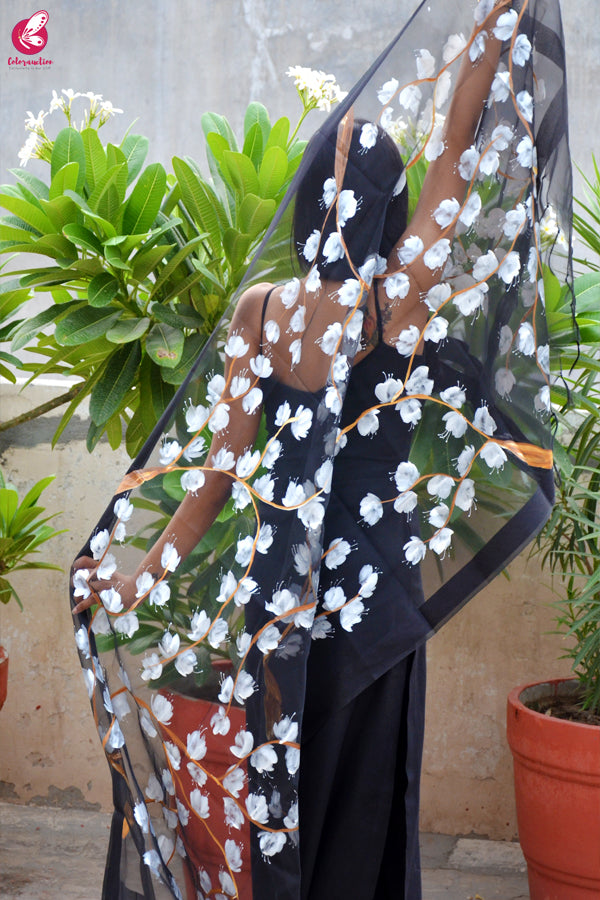 Black Organza Handpainted White Floral Stole