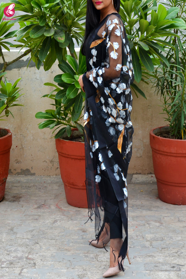 Black Organza Handpainted White Floral Stole