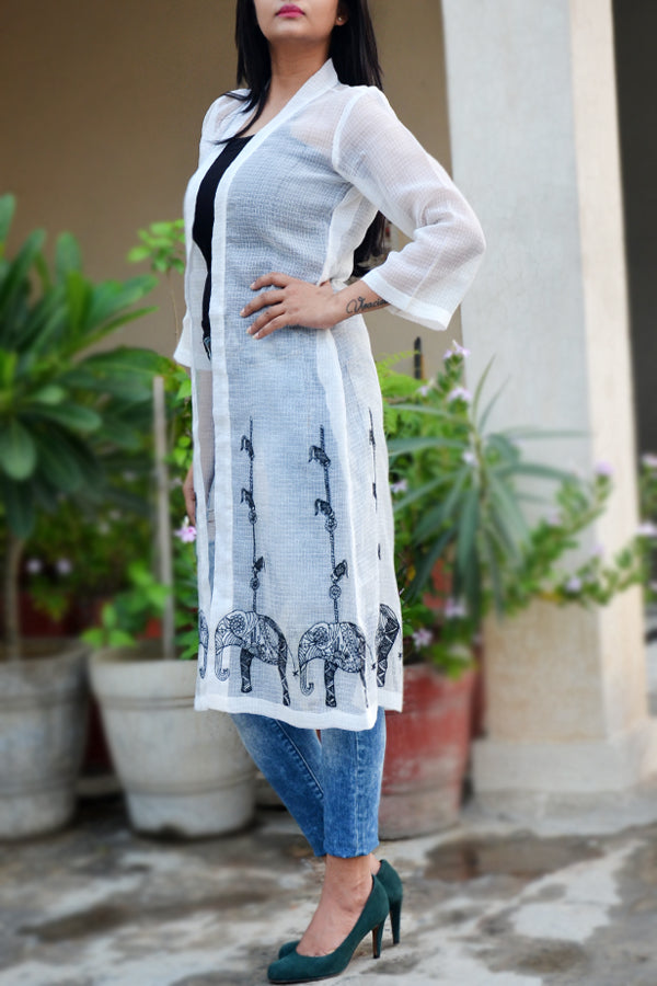 Off White Cotton Kota Embroidered Shrug