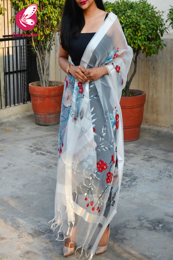 White Organza Handpainted Colorful Stole