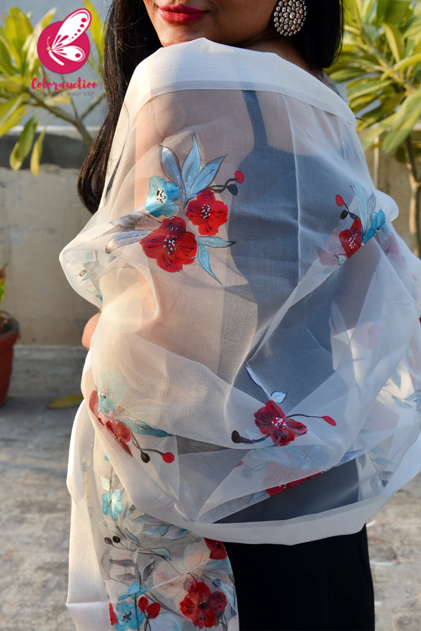 White Organza Handpainted Colorful Stole