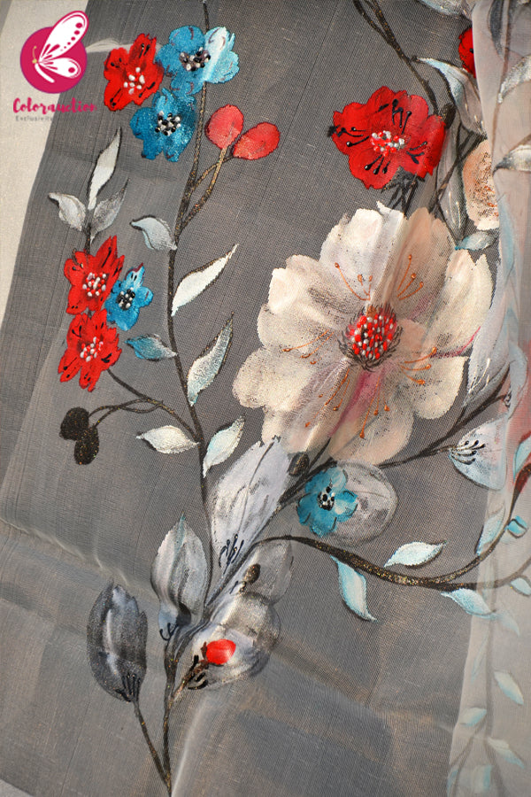 White Organza Handpainted Colorful Stole