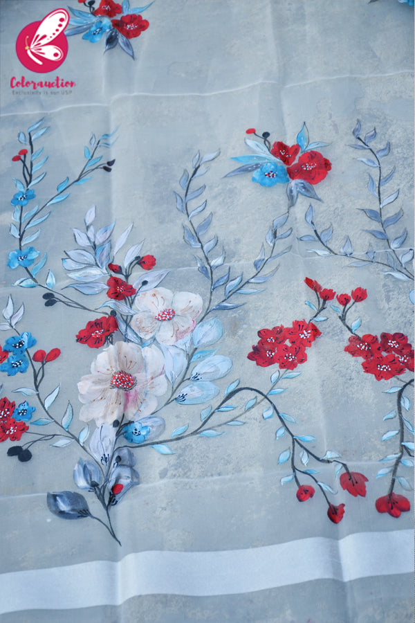 White Organza Handpainted Colorful Stole