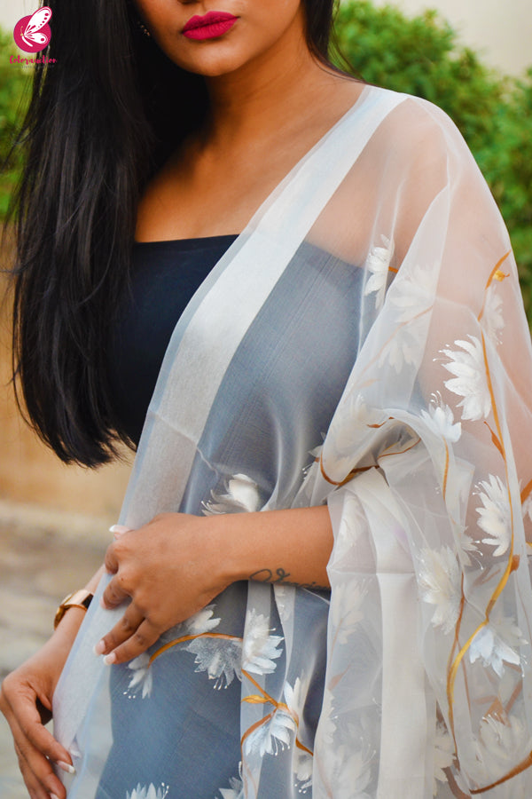 White Organza White Floral Hand painted Stole