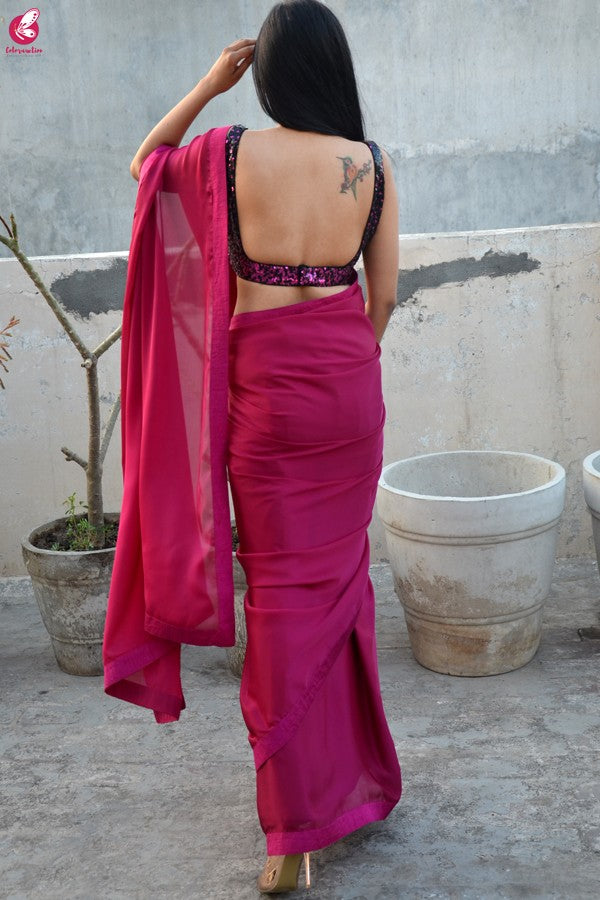 Black & Pink Sequins Padded Backless Blouse