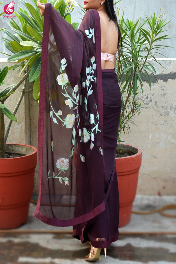 Wine Hand-painted Pure Silk Chiffon Saree