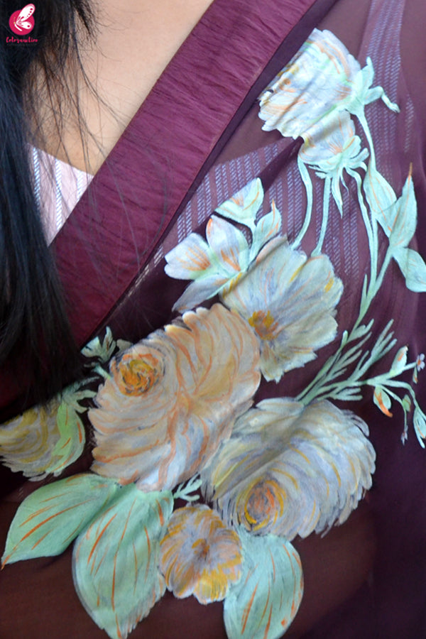 Wine Hand-painted Pure Silk Chiffon Saree
