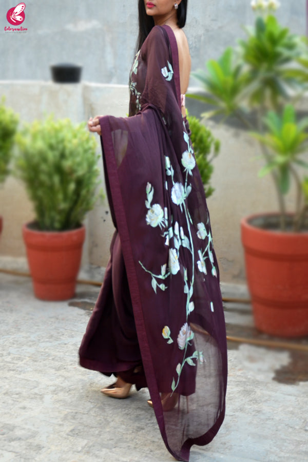 Wine Hand-painted Pure Silk Chiffon Saree