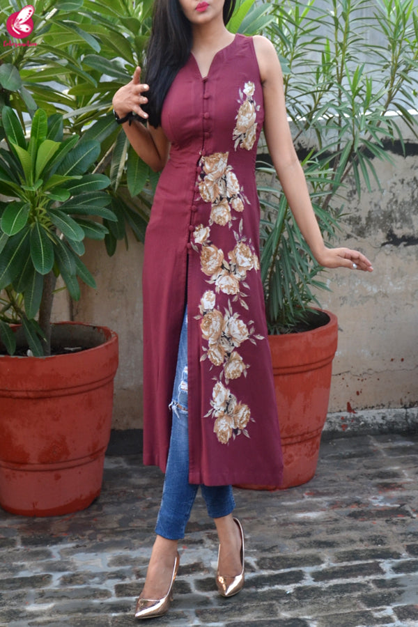 Wine Modal Rayon Patch Work Kurti