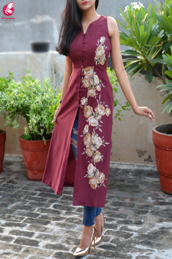 Wine Modal Rayon Patch Work Kurti