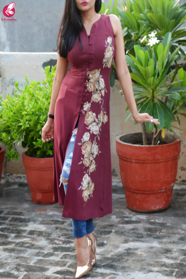Wine Modal Rayon Patch Work Kurti