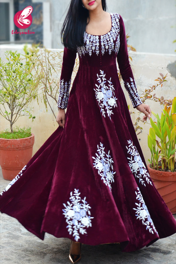 Wine Velvet Padded Dabka Zardosi Handwork Floor Length Gown