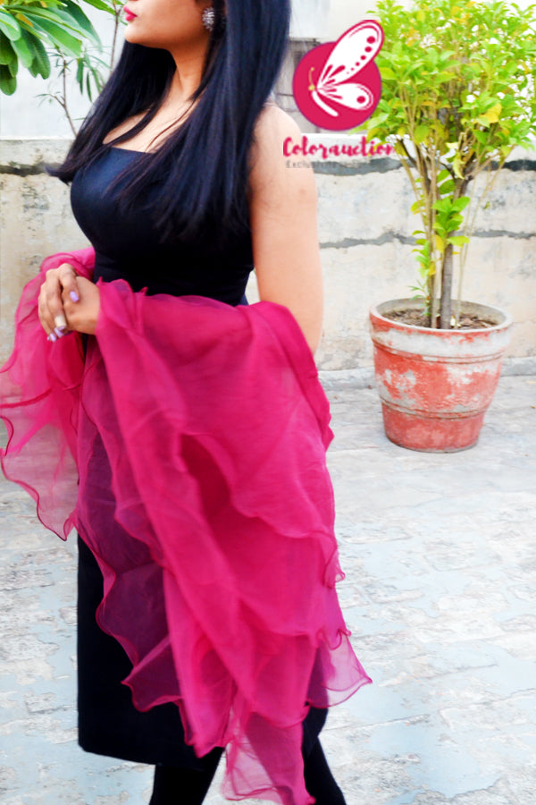 Dark Pink Pure Organza Three-Tier Ruffle Stole