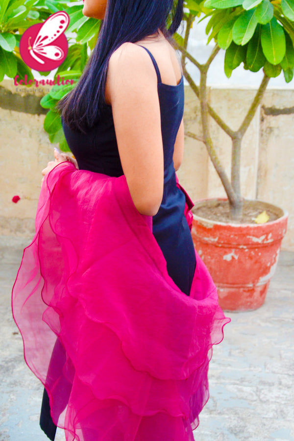 Dark Pink Pure Organza Three-Tier Ruffle Stole