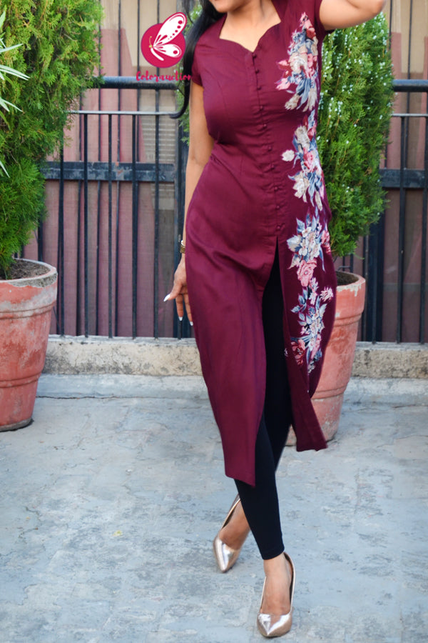 Wine Modal Rayon Short Sleeves Patch Work Kurti