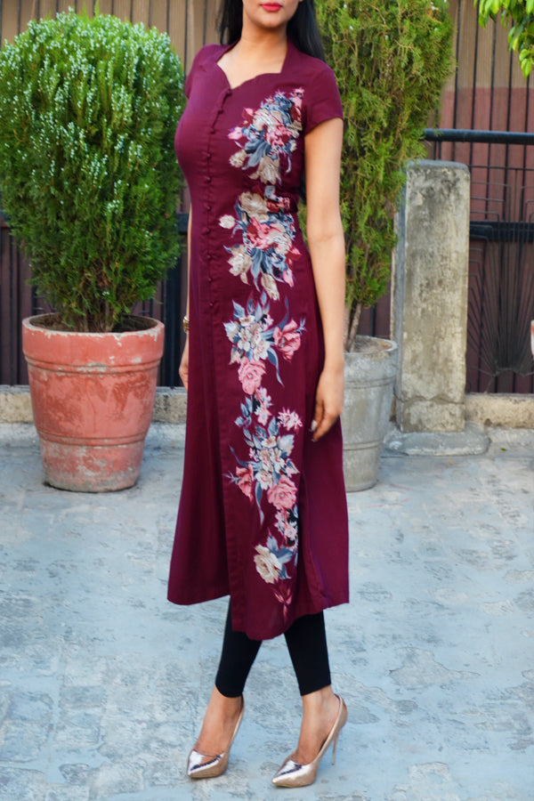 Wine Modal Rayon Short Sleeves Patch Work Kurti