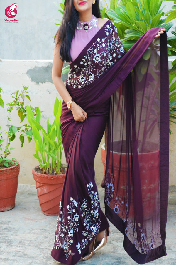 Wine Pure Silk Chiffon Sequins Pearl Handwork Saree