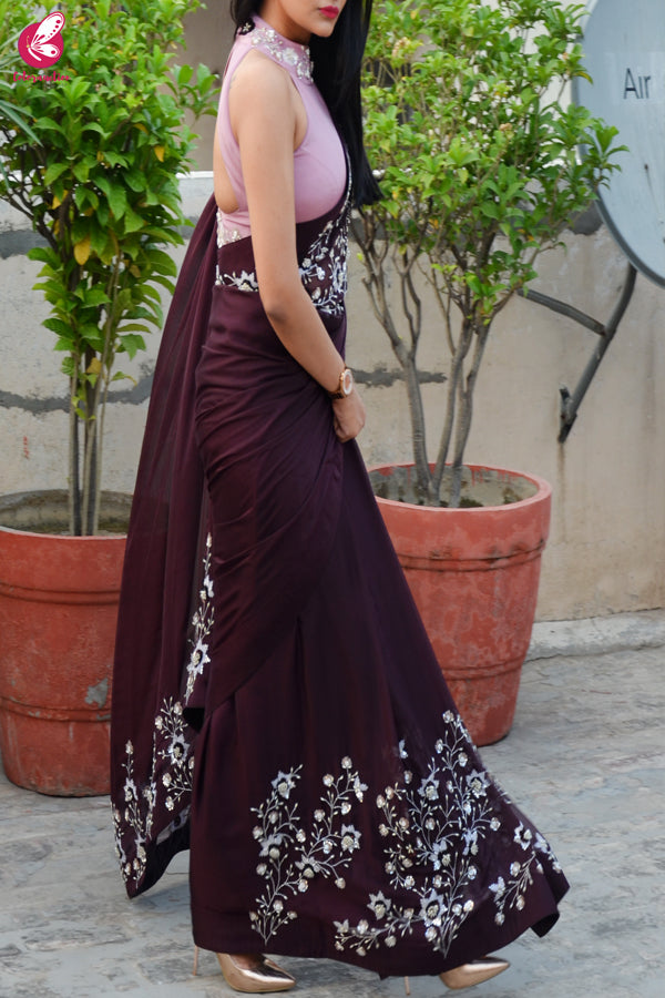 Wine Pure Silk Chiffon Sequins Pearl Handwork Saree